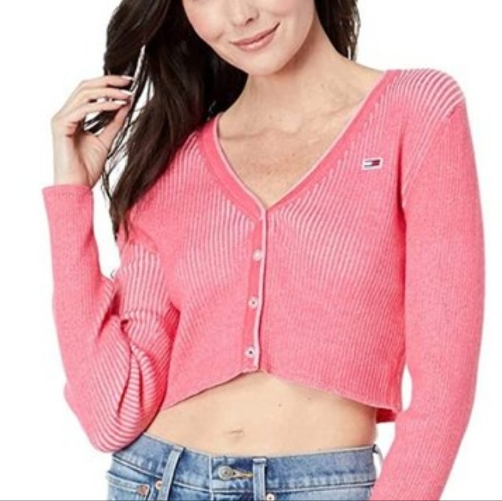 Tommy Hilfiger V-Neck Pink & White Button Up Cardigan